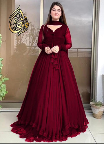 Two Layer Border Front Back Lace work Long Flare Maxi With Plain Duptta 3 PCs