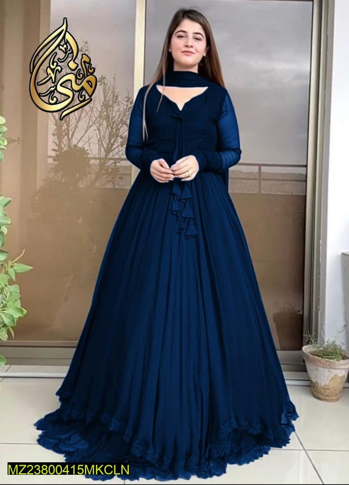 Two Layer Border Front Back Lace work Long Flare Maxi With Plain Duptta 3 PCs